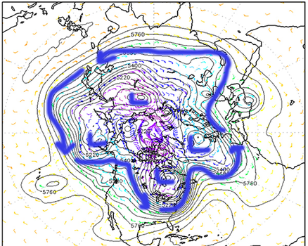 Upper level wind pattern at 6:00 a.m. C.S.T. on Jan. 8, 2014. Blue arrows show wavy wind flow pattern surrounding a large “polar vortex.” (US Navy/FNMOC)