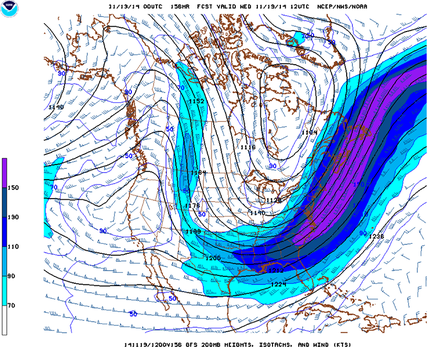 Same as Fig. 01, except for 6:00 a.m. C.S.T. on Nov. 19, 2014. Upper trough across eastern U.S. is expected to amplify. (NOAA/NWS)