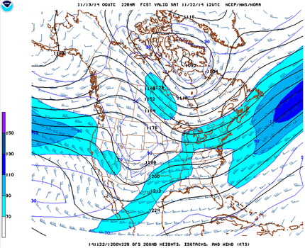 Same as Fig. 01, except for 6:00 a.m. C.S.T. on Nov. 22, 2014. Large amplitude pattern is expected to flatten dramatically by this time. (NOAA/NWS)