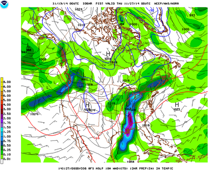 Surface weather map forecast for 6:00 p.m. C.S.T. on Nov. 26, 2014. Large area of heavy rain and thunderstorms is excepted in the Deep South. (NOAA/NWS)