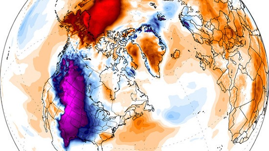 Temperature departures from average for Nov. 12, 2014, showing the unusual cold across the lower 48 states and unusually mild weather in Alaska and the Arctic.