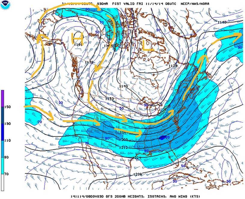 Upper level wind forecast for Nov. 2014 as midnight C.S.T. Note the omega-shaped wind pattern across the northeast Pacific, Alaska, and western Canada